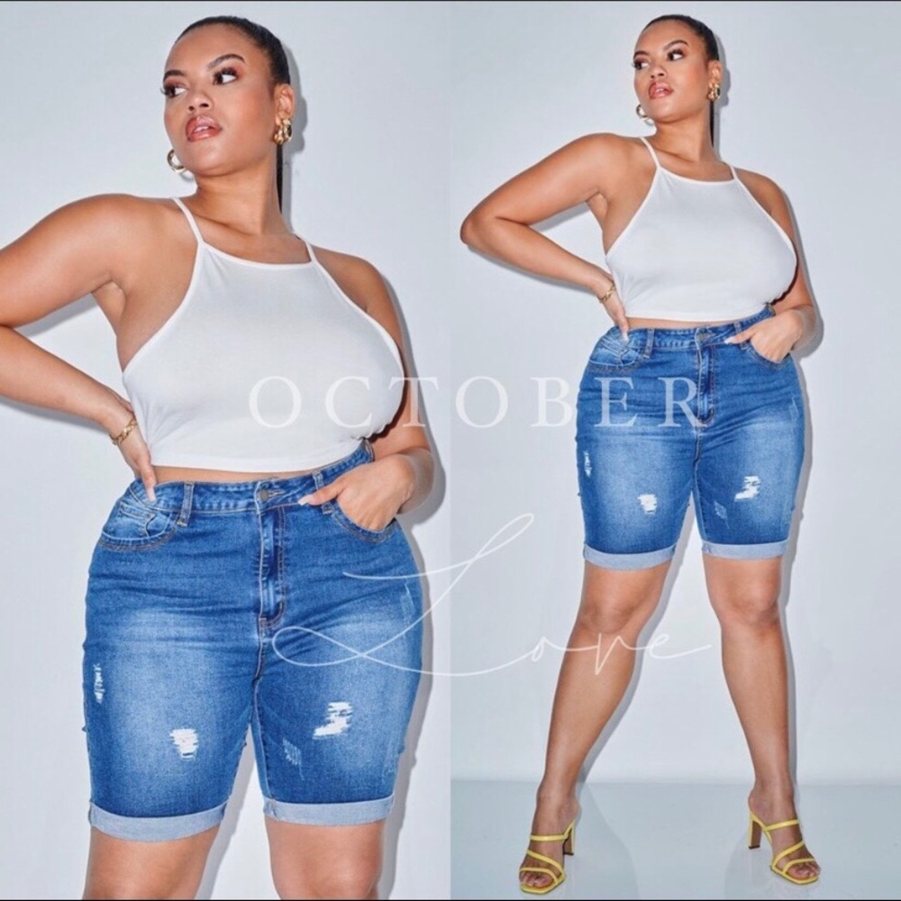PLUS Size Distressed Denim Roll-Cuff Bermuda Short